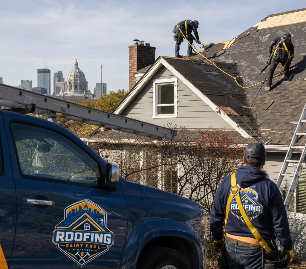 Roofing crew working safely on a Saint Paul home with fall protection and staging