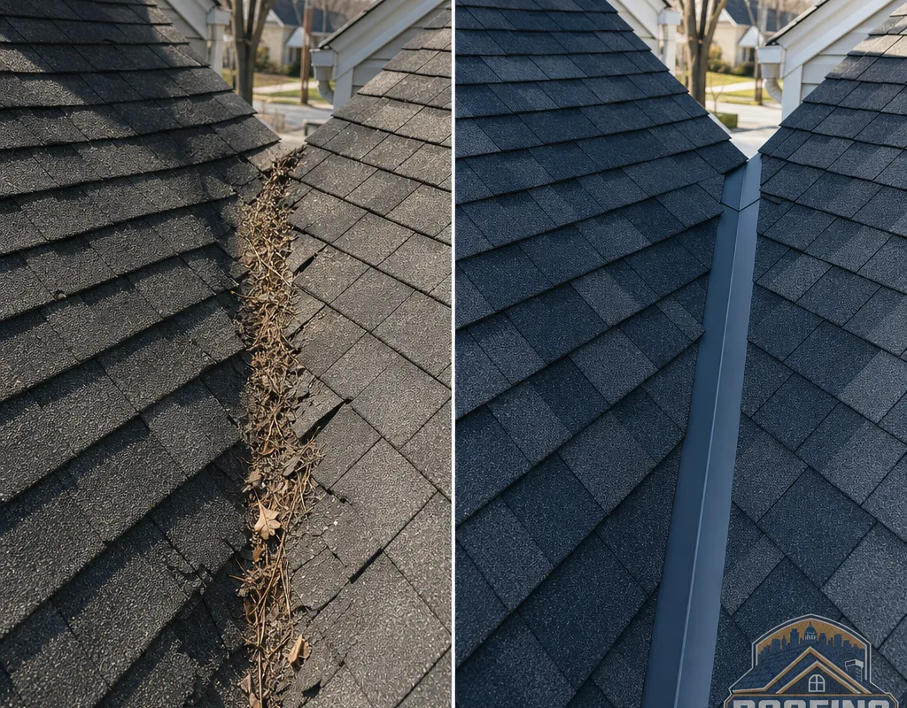 Before-and-after view of a worn Saint Paul roof valley and the completed valley repair