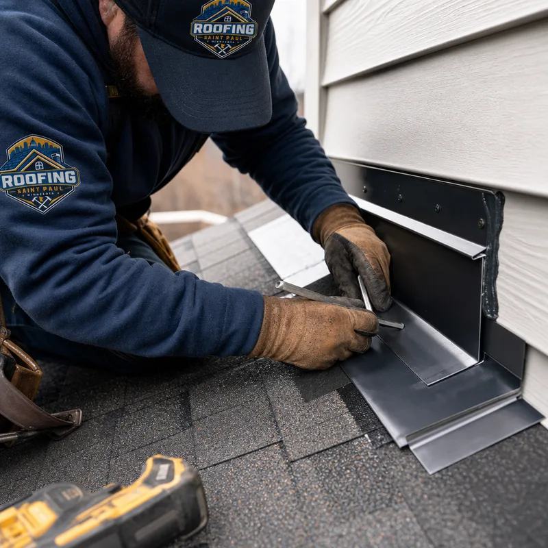 Close-up of properly layered step flashing and shingles at a roof sidewall