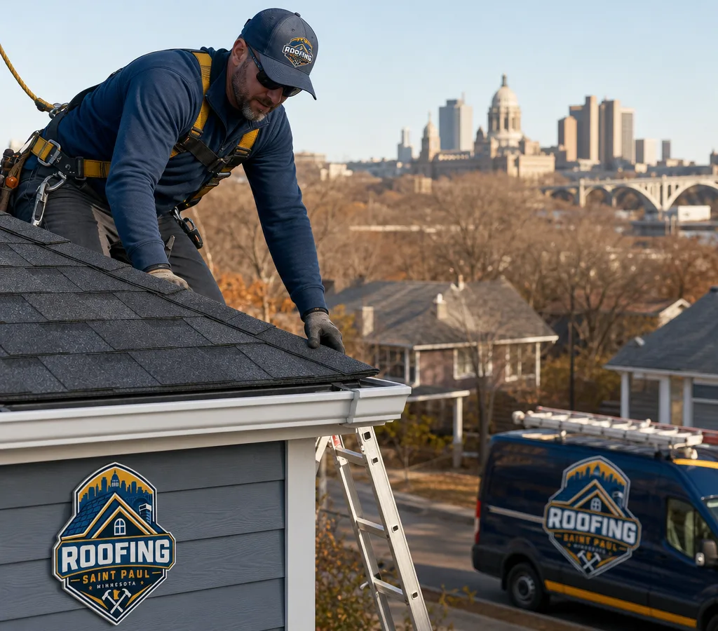 Roofer inspecting asphalt shingles near a Saint Paul home's roof edge with fall protection and a safely staged ladder