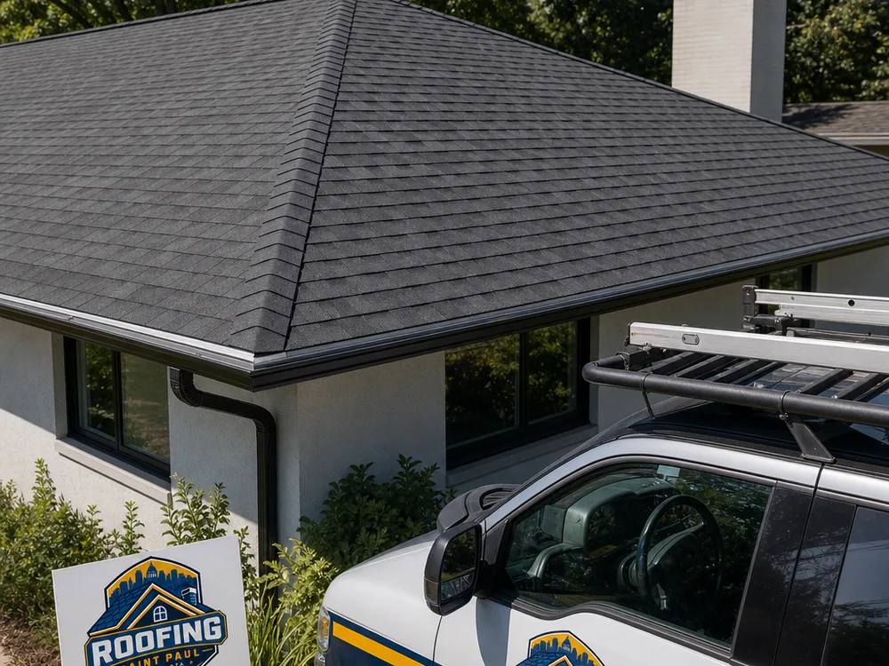 Completed asphalt shingle roof on a Saint Paul home with clean ridge lines and visible drip edge