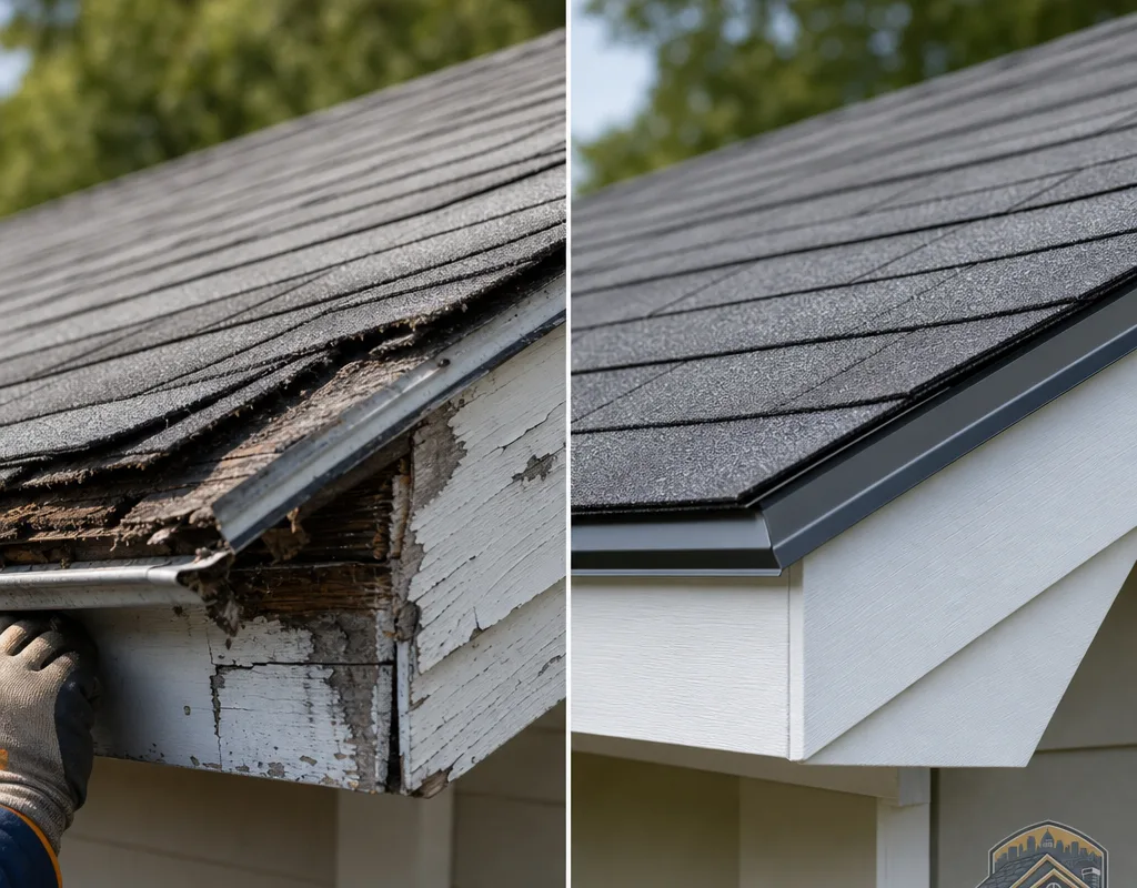 Before and after view of a deteriorated Saint Paul roof edge corrected with new drip edge, starter course, and a straight shingle line