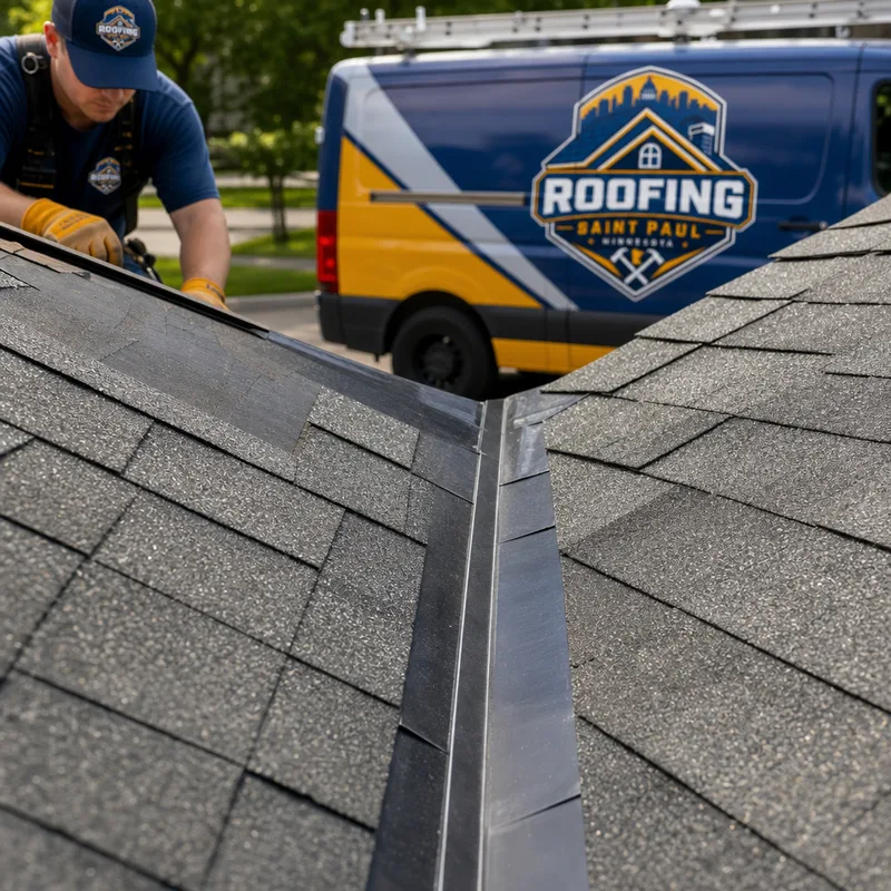 Finished shingle valley with clean lines and properly installed underlayment and flashing visible at the edges