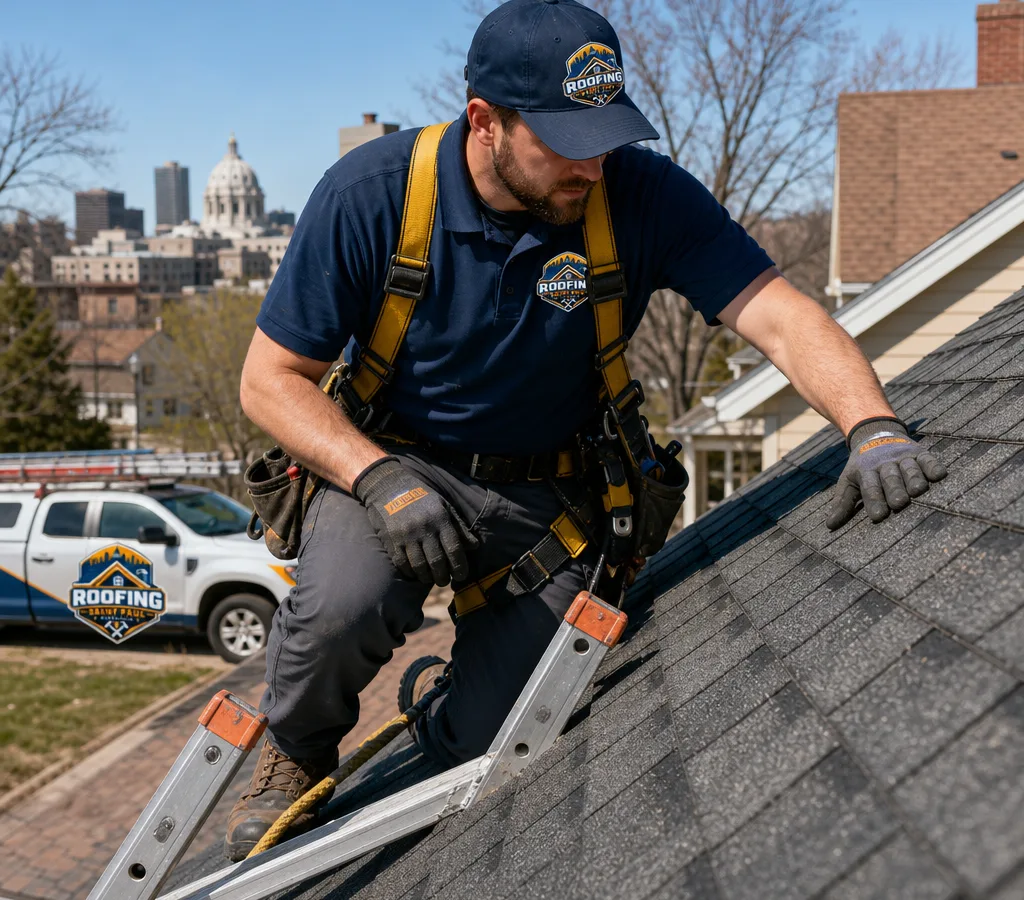 Roofing Saint Paul crew member inspecting asphalt shingles on a Saint Paul home with ladder safety and fall protection visible