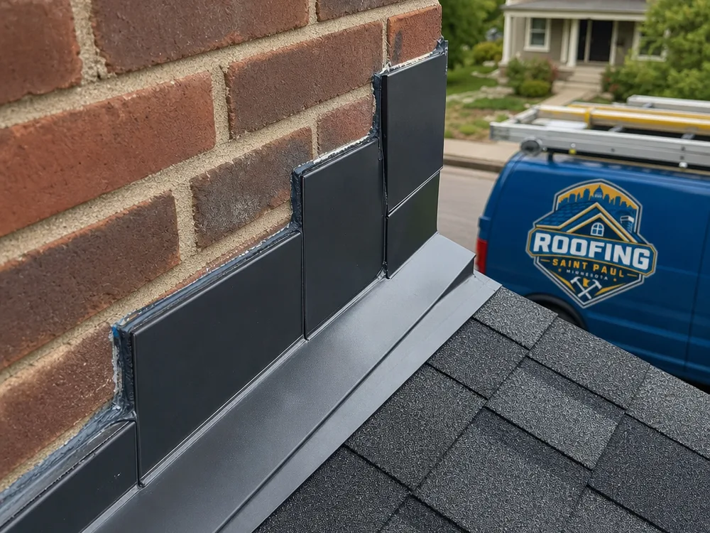 Properly lapped metal flashing and intact shingles at a Saint Paul home's chimney or wall intersection