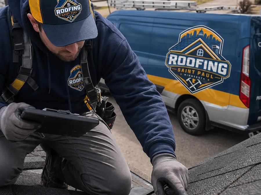 Roofer inspecting flashing and shingle condition on a Saint Paul home