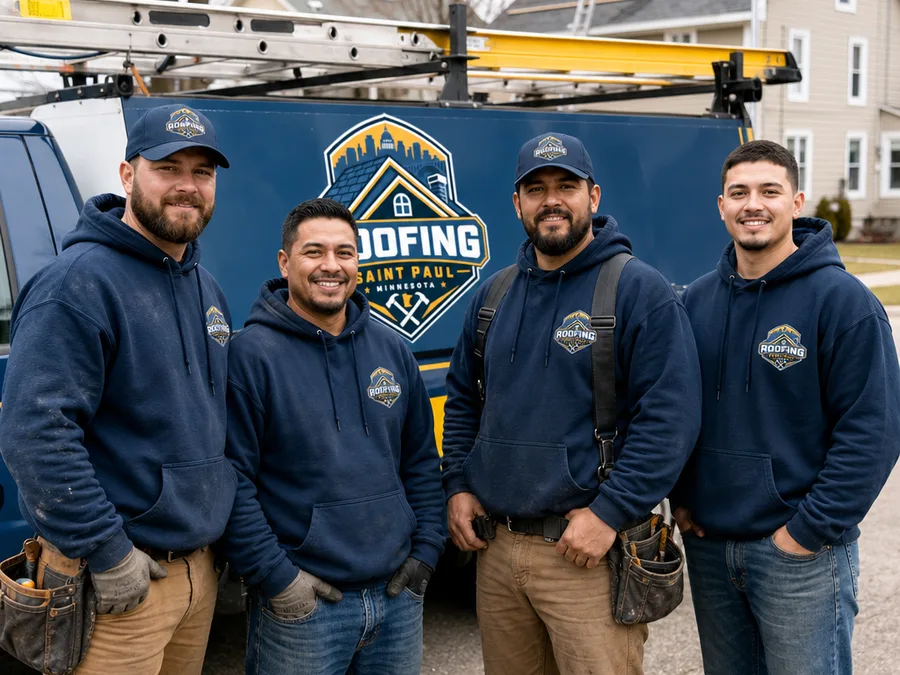 Professional Saint Paul roofing crew in work gear on a clean jobsite